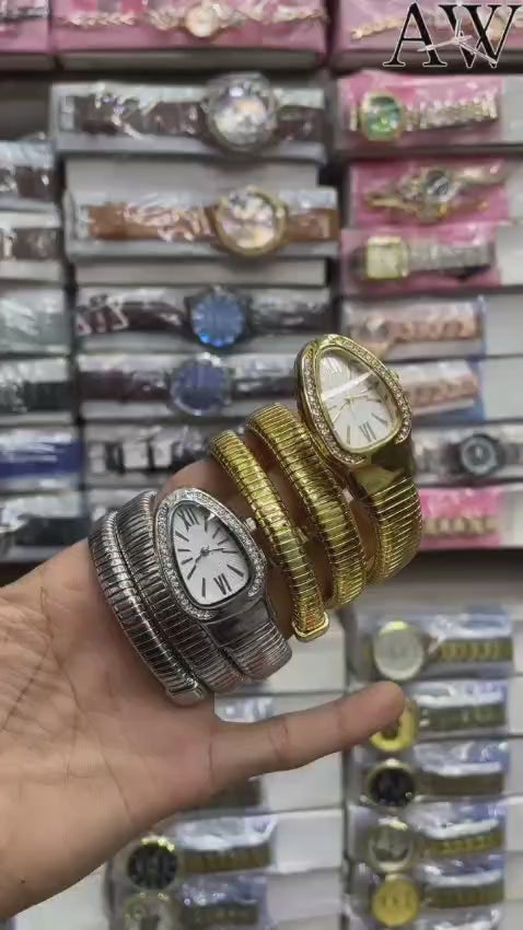 Triple‑Wrap Snake Watch | Diamond‑Set Bezel | Golden